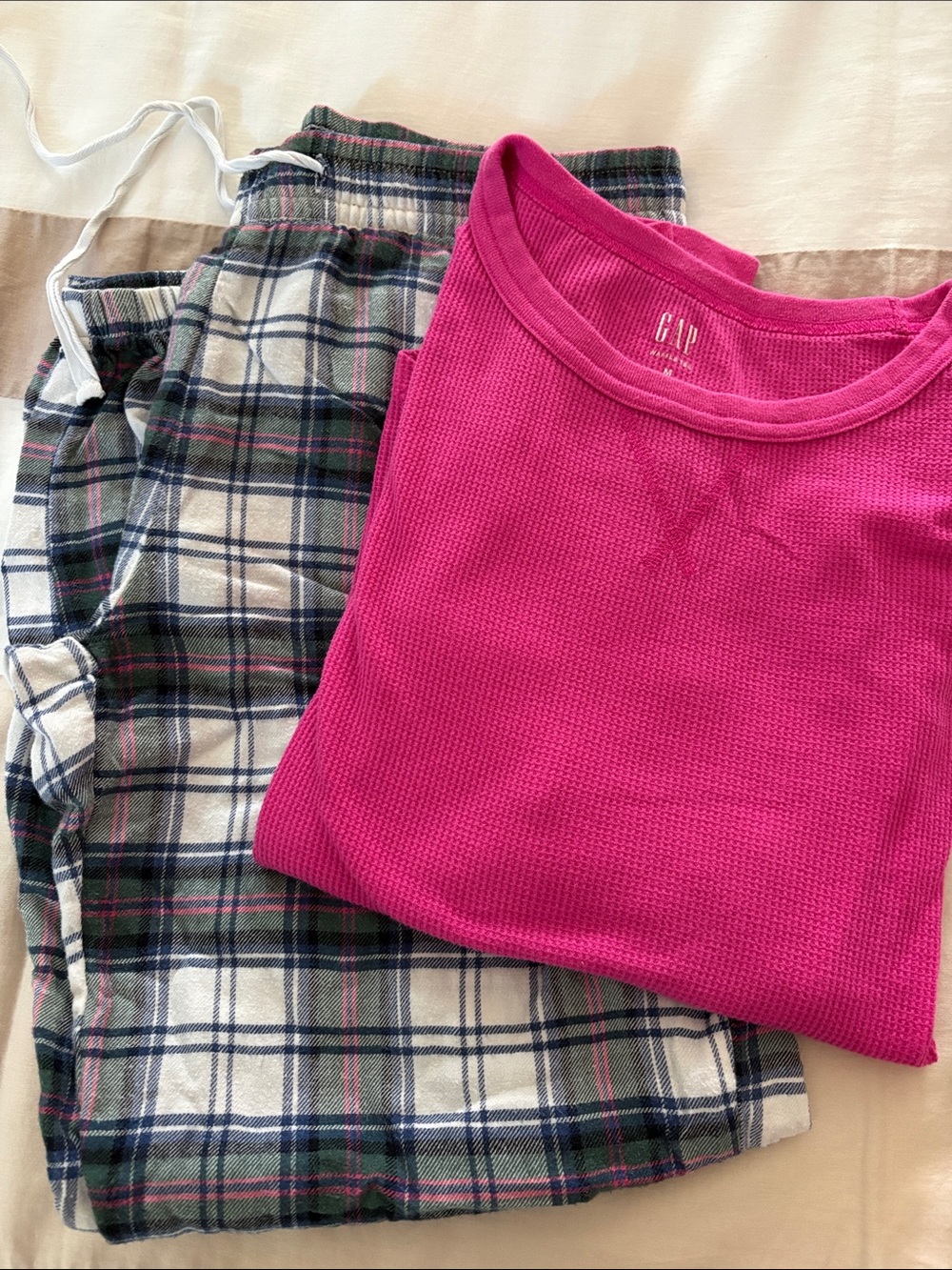 GAP Hot Pink Thermal Top (M) with Green and Navy Plaid Lounge Pants (S)